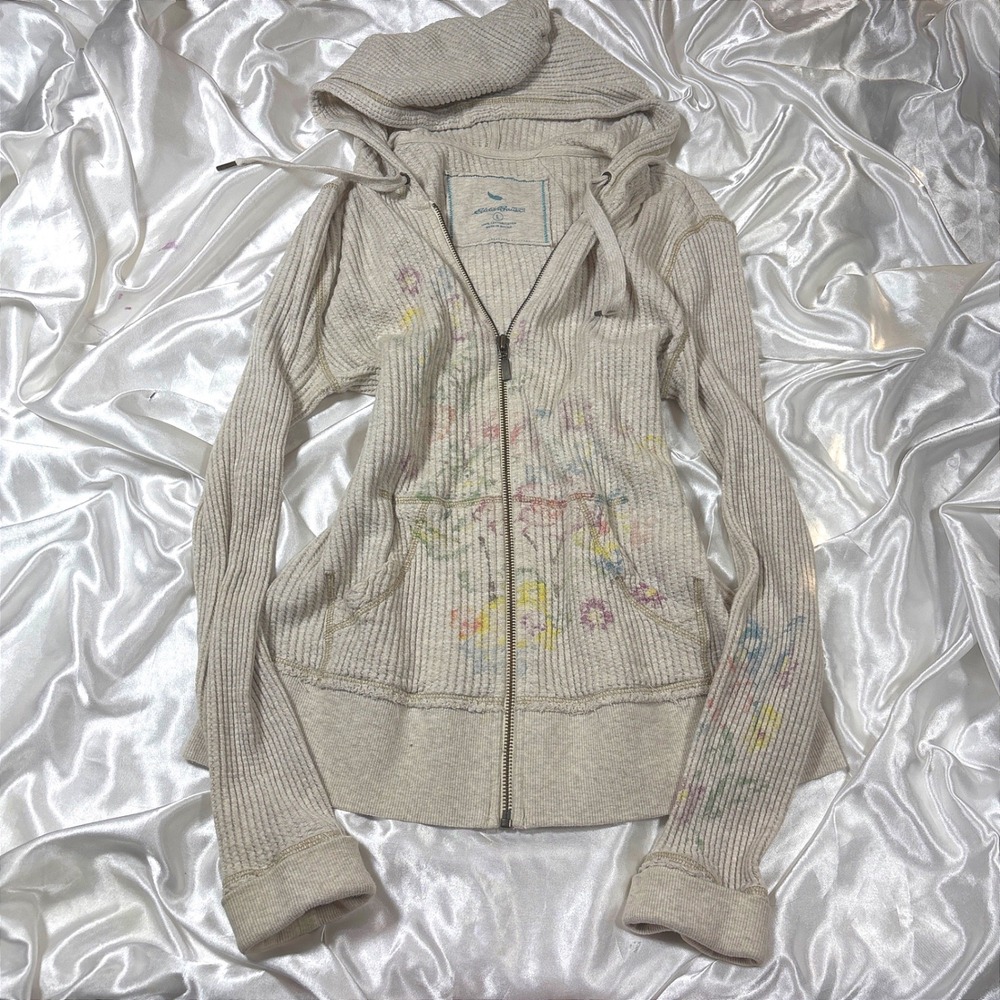 y2k Hoodie Cream Excellent Eddie Bauer Floral Waffle Knit Thermal Zip Up L
